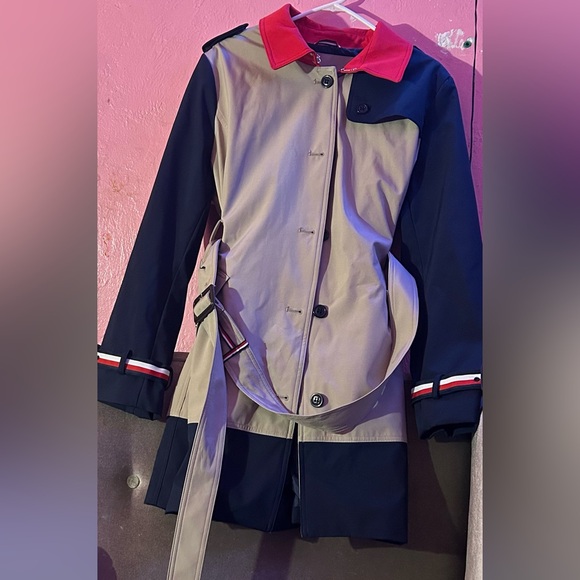 Cream and Blue Trench Coat with Color-Blocked Design - Picture 1 of 7